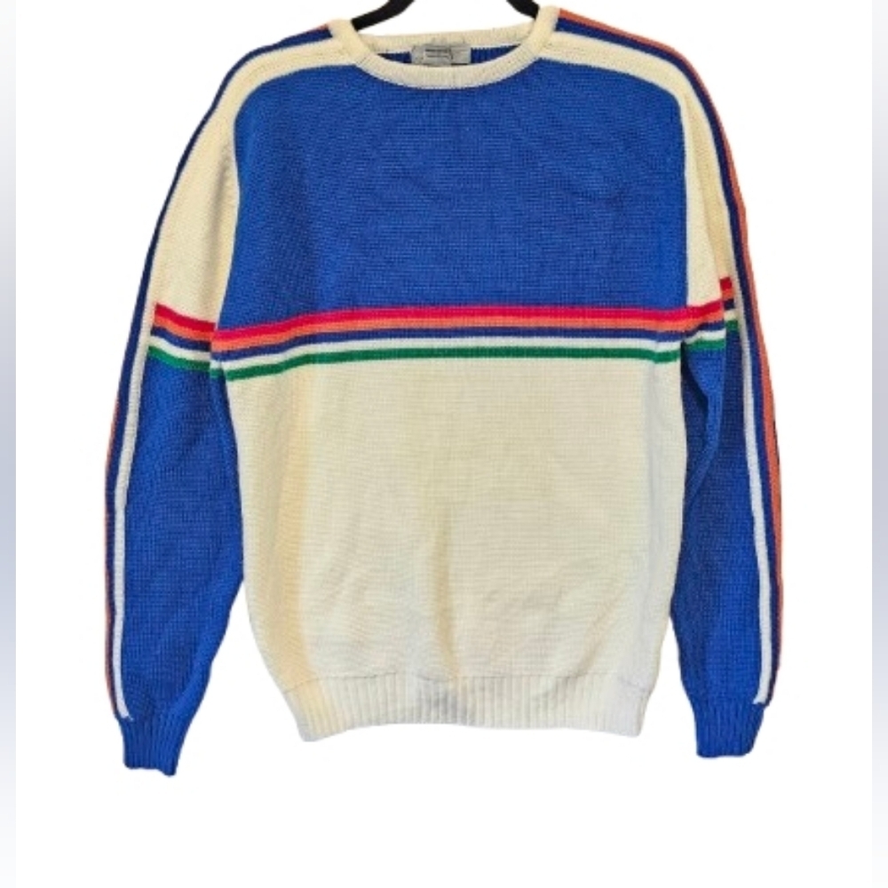 Jordan Marsh Vintage Y2K Blue and Cream Striped Crewneck Sweater Size Medium - Picture 8 of 9